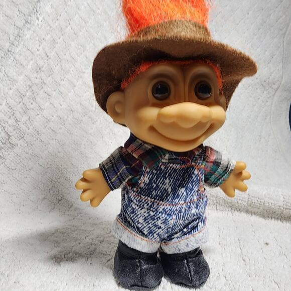 Russ Vintage Country Farmer Troll Doll 5" Jean Overalls Boots Orange Hair Hat - Picture 3 of 5